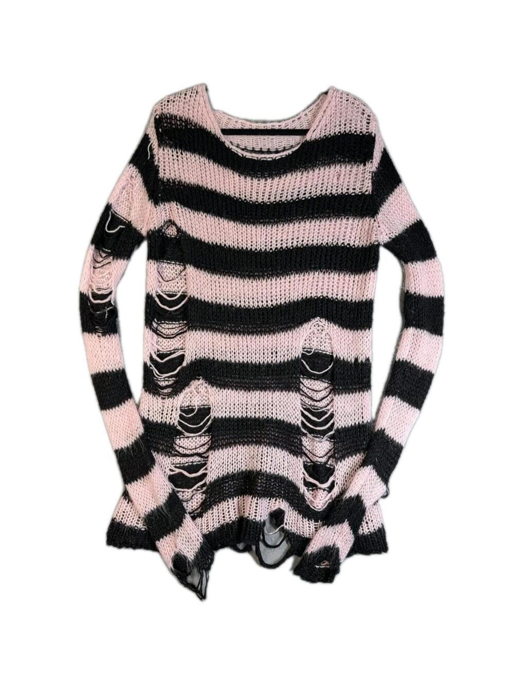 Killstar Womens M Pink Black Striped Distressed Grunge Goth Knit Sweater Top